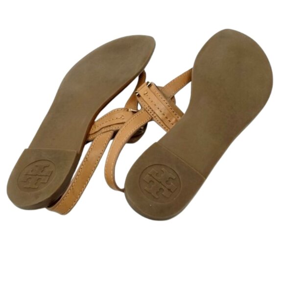 TORY BURCH~Everly~TAN LEATHER GOLD REVA LOGO FLAT THONG SANDALS SHOES~SIZE 10 - Picture 7 of 7